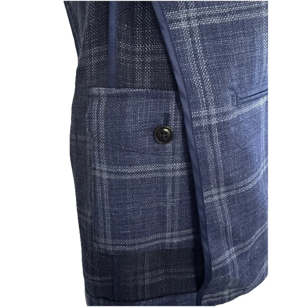 NWT Peter Millar Sport Coat Blazer Wool Silk Linen ATL‎ Blue Plaid 44 Long $1295